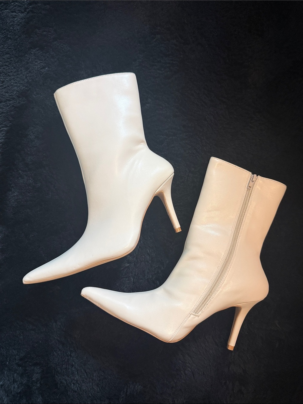 Fashion Nova Cream Pointed Stiletto Ankle Boots with Side Zip